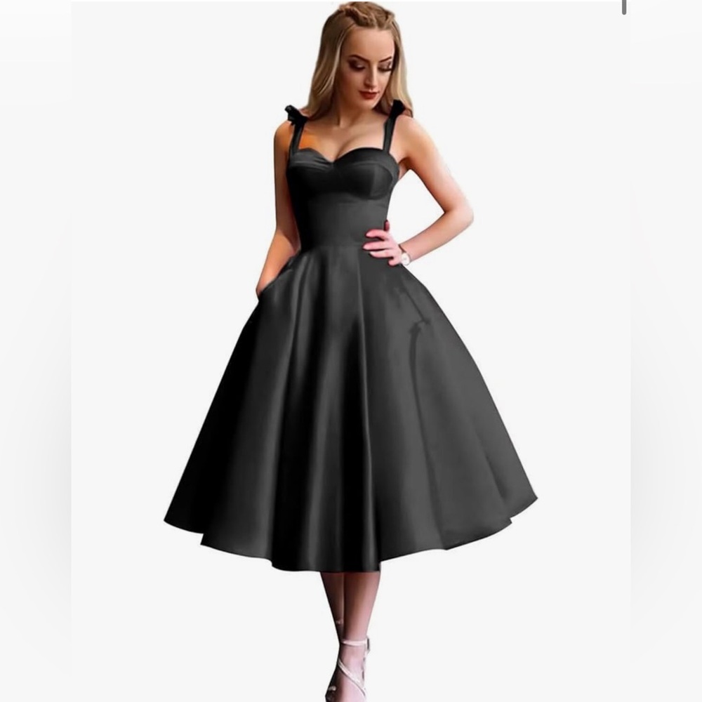 A Line Short Cocktail Party Gown with Pockets Sleeveless Tea Length Prom Dress - Picture 2 of 7
